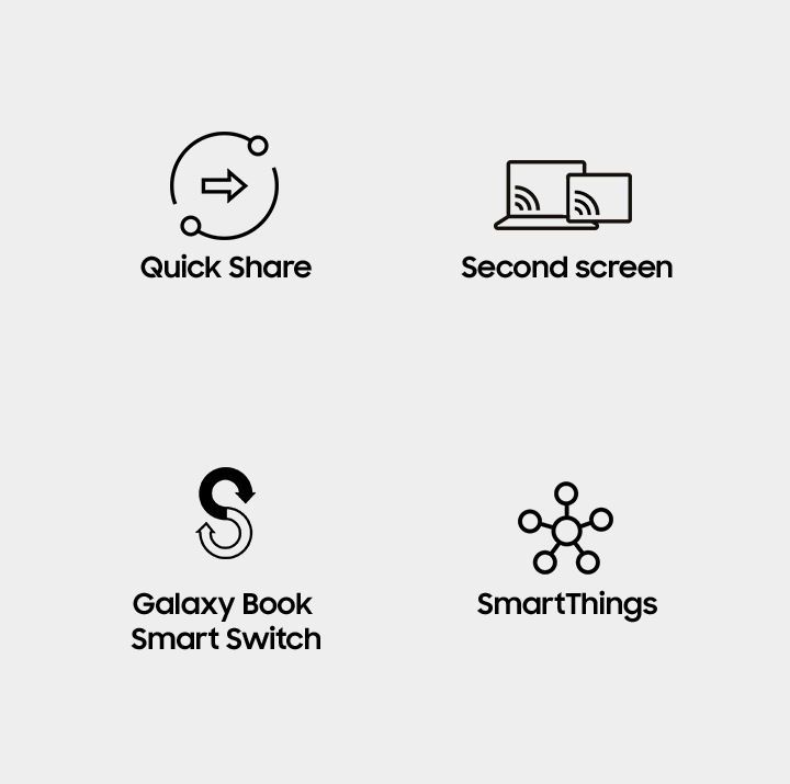 Quick Share, Second screen, Galaxy Book Smart Switch, SmartThings 를 연동하여 사용 할 수 있는 아이콘이 보입니다.