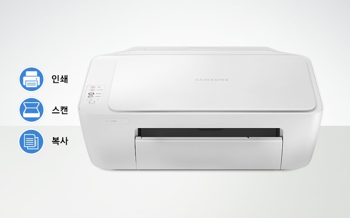 연한 회색 배경에 제품을 위에서 내려본 정면 이미지가 중간에서 약간 오른쪽으로 배치되어 있고 제품 이미지 왼쪽 부분에  인쇄 텍스트와 인쇄 아이콘, 스캔 텍스트와 스캔 아이콘, 복사 텍스트와 복사 아이콘이 위에서 아래로 나열하여 있습니다.