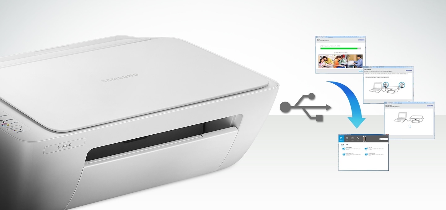 연한 회색 배경에 이미지 왼쪽 부분은 제품을 왼쪽 위에서 내려본 이미지가 배치하여 있고 이미지 왼쪽 부분에는 USB 연결 후, 설치 프로그램 화면을 위에서 아래로 순서대로 나열한 사진입니다.