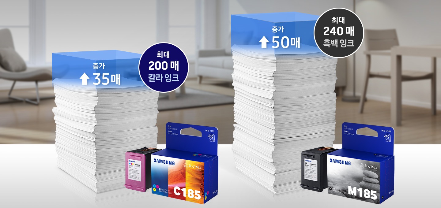 의자와 소파가 왼쪽에서 오른쪽으로 나열되어있는 흐린 이미지를 배경으로 이미지 왼쪽 부분에는 종이가 쌓여있는 이미지 위에 증가 35매 텍스트와 왼쪽에 올라가는 화살표와 오른쪽 윗부분에 최대 200 매 칼라 잉크가 적혀있습니다, 오른쪽 하단에는 칼라 잉크의 박스 정면 이미지가 있는 이미지 입니다. 이미지 오른쪽 부분에는 종이가 쌓여있는 이미지 위에 증가 50매 텍스트와 왼쪽에 올라가는 화살표와 오른쪽 윗부분에 최대 240 매 흑백 잉크가 적혀있습니다, 오른쪽 하단에는 흑백 잉크의 박스 정면 이미지가 있는 이미지 입니다.