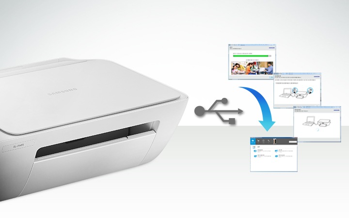 연한 회색 배경에 이미지 왼쪽 부분은 제품을 왼쪽 위에서 내려본 이미지가 배치하여 있고 이미지 왼쪽 부분에는 USB 연결 후, 설치 프로그램 화면을 위에서 아래로 순서대로 나열한 사진입니다.