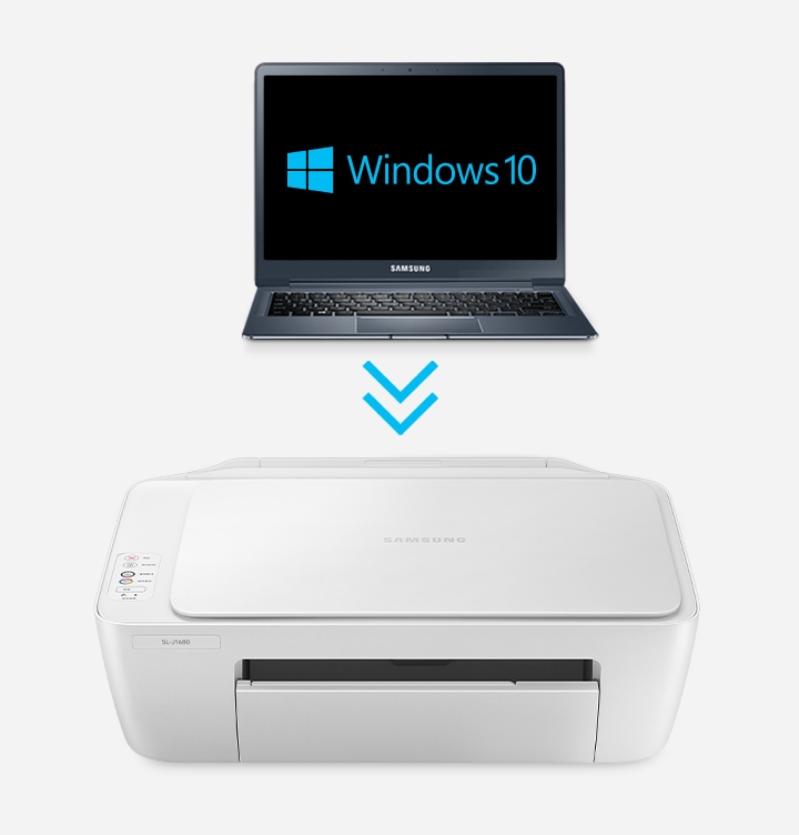 하얀색 배경에 이미지 하단에는 제품의 정면 이미지가 있고 제품 바로 위에는 화면에 Windows 10이 쓰여있는 노트북이 있습니다. 노트북와 제품 사이에는 아래를 향하는 파란 색상의 화살표가 있습니다.