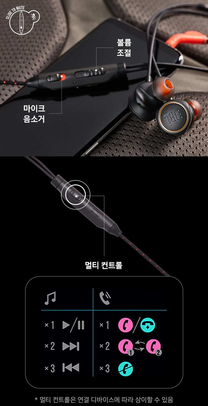 스마트폰과 JBL Quantum 50 제품이 보입니다. 제품 조작부 중 볼륨 조절, 마이크 음소거, 멀티컨트롤이 가능한 기능을 보여줍니다.