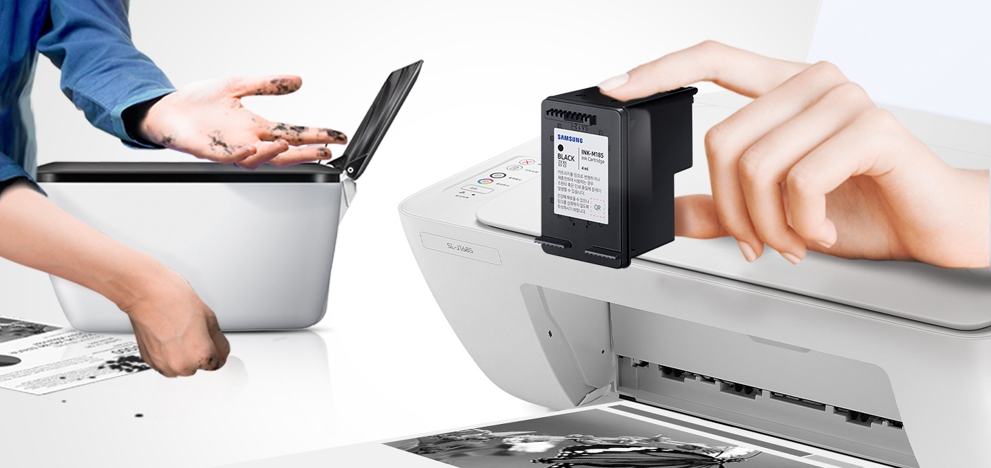 이미지 왼쪽 부분에는 비정품 제품를 사용하여 손에 잉크가 묻은 이미지가 있고 이미지 오른쪽 부분에는 프린터 오른쪽에서 내려본 이미지와 정품 제품을 손에 들고 있는 정면 이미지가 있습니다.