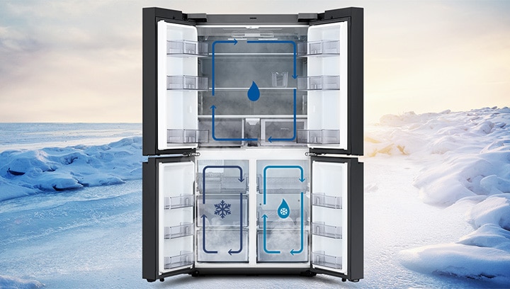 눈밭을 배경으로 상하칸 문이 열린 제품의 모습이 보여지고, 상칸과 하칸에 각각 트리플 독립냉각을 나타내는 인포그래픽이 보여집니다.