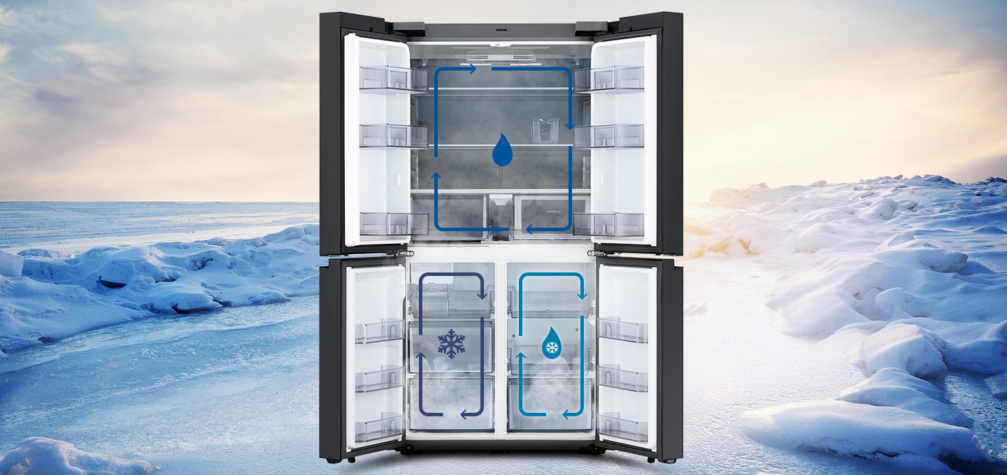 눈밭을 배경으로 상하칸 문이 열린 제품의 모습이 보여지고, 상칸과 하칸에 각각 트리플 독립냉각을 나타내는 인포그래픽이 보여집니다.