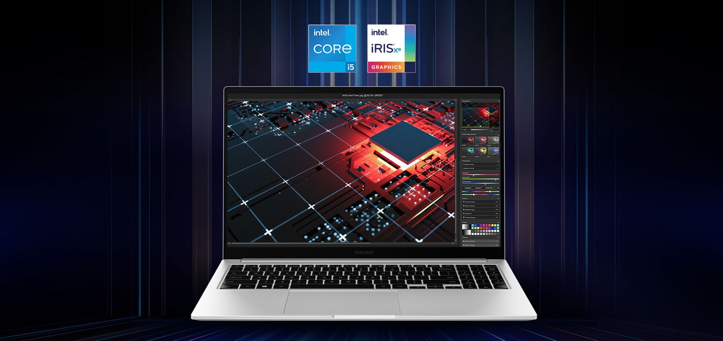 11세대 Intel® Core™ 프로세서와 Intel® Iris® Xe을 탑재하여 더 빠르고 강력한 퍼포먼스를 나타내는 이미지입니다.