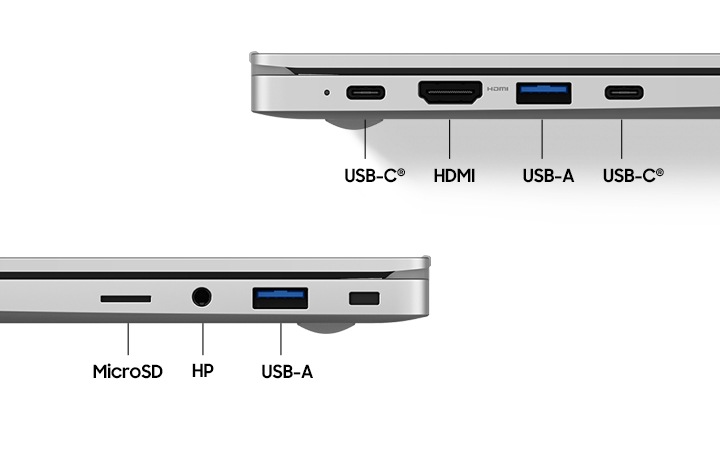 이제 USB 허브를 가지고 다닐 필요가 없습니다. 갤럭시북은 다양한 포트를 지원해 모바일 기기나 모니터 등 주변 장치는 바로 연결해서 사용하세요.