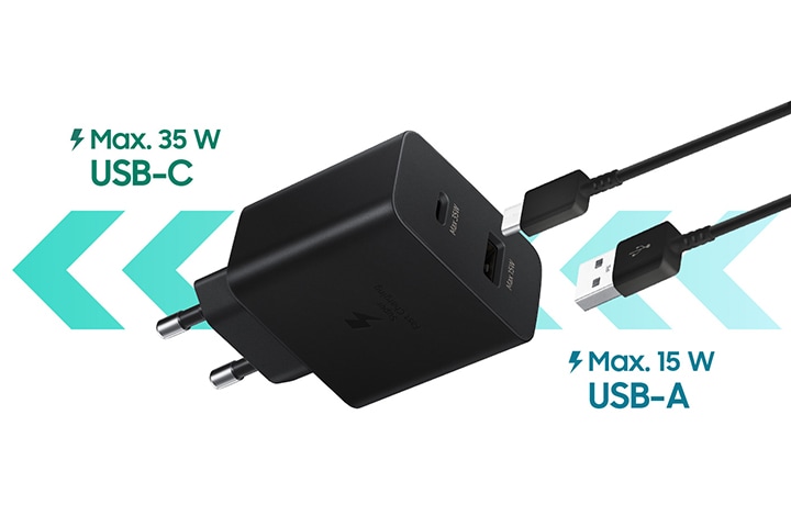 가운데에 충전기가 보여지며 충전 단자 연결부분이 보여집니다. 옆에 C타입, USB타입이 장착할 수 있도록 보여집니다. 왼쪽 상단에 Max. 35 W USB-C의 텍스트가 보여지며 오른쪽 하단에 Max. 15 W USB-A의 텍스트가 보여집니다.