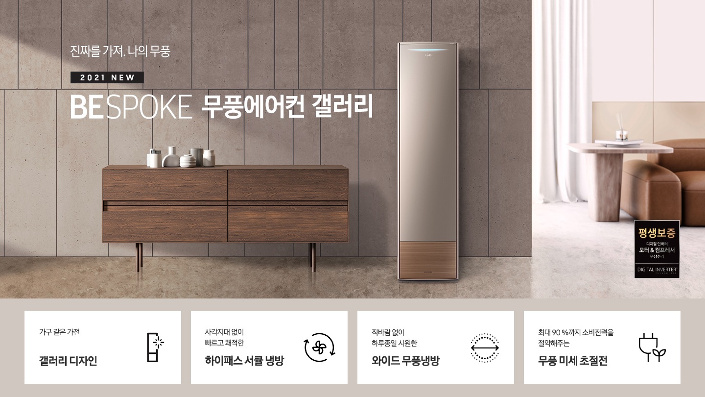 에어컨엔 없다, 무풍에만 있다. 2021 NEW 무풍에어컨 무풍갤러리 문구와 제품 정면 이미지가 보입니다. 하단에는 직바람 없이 하루종일 쾌적한 와이드 무풍냉방 문구와 아이콘, 사각지대 없이 빠르고 시원한 서큘레이터 급속 냉방 문구와 아이콘, 쉽게 열어 내부까지 직접 관리하는 이지케어 6단계 문구와 아이콘, 소비전력을 최대 90 % 줄여주는 무풍 미세 초절전 문구와 아이콘이 보입니다.