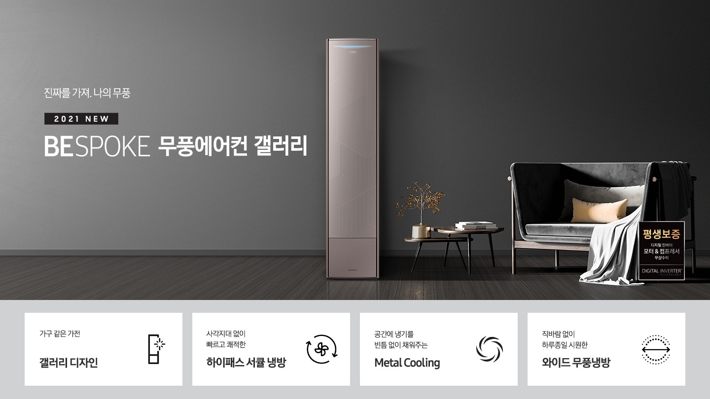 에어컨엔 없다, 무풍에만 있다. 2021 NEW 무풍에어컨 무풍갤러리 문구와 제품 정면 이미지가 보입니다. 하단에는 직바람 없이 하루종일 쾌적한 와이드 무풍냉방 문구와 아이콘, 사각지대 없이 빠르고 시원한 서큘레이터 급속 냉방 문구와 아이콘, 쉽게 열어 내부까지 직접 관리하는 이지케어 6단계 문구와 아이콘, 소비전력을 최대 90 % 줄여주는 무풍 미세 초절전 문구와 아이콘이 보입니다.