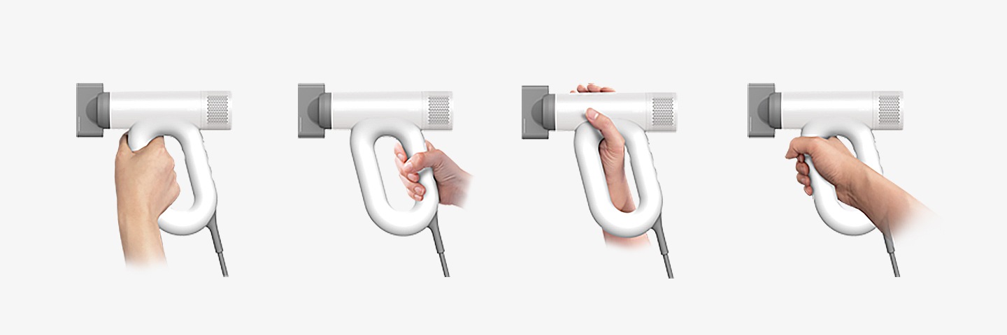 유닉스 드라이기 제품의 다양한 그립 방법을 보여주고 있습니다.