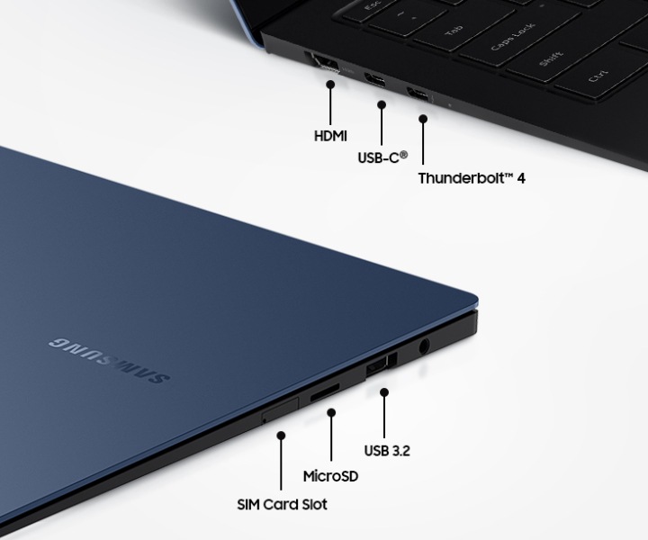 SIM Card Slot, MicroSD, USB 3.2, HDMI, USB-C®, Thunderbolt™4 포트가 보입니다.