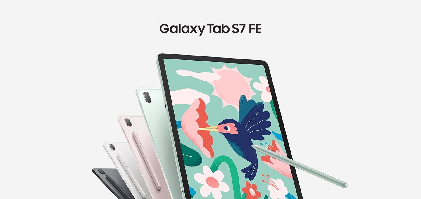 Galaxy Tab S7 FE 로고와 미스틱 그린 정면과 미스틱 그린, 미스틱 핑크, 미스틱 실버, 미스틱 블랙 컬러 제품 후면이 시계 반대 반향으로 나열되어있습니다.