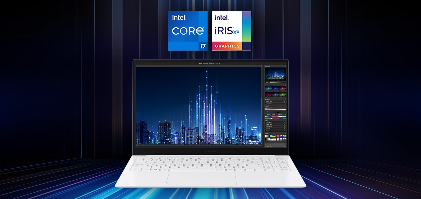 갤럭시북 Pro 15인치 모델과 인텔 코어 i7로고, iRISxe 로고가 보입니다.
