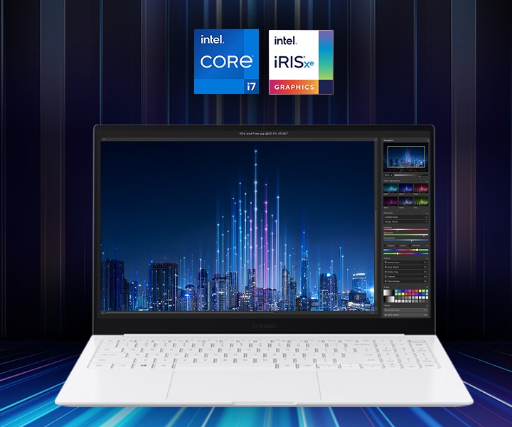 갤럭시북 Pro 15인치 모델과 인텔 코어 i7로고, iRISxe 로고가 보입니다.