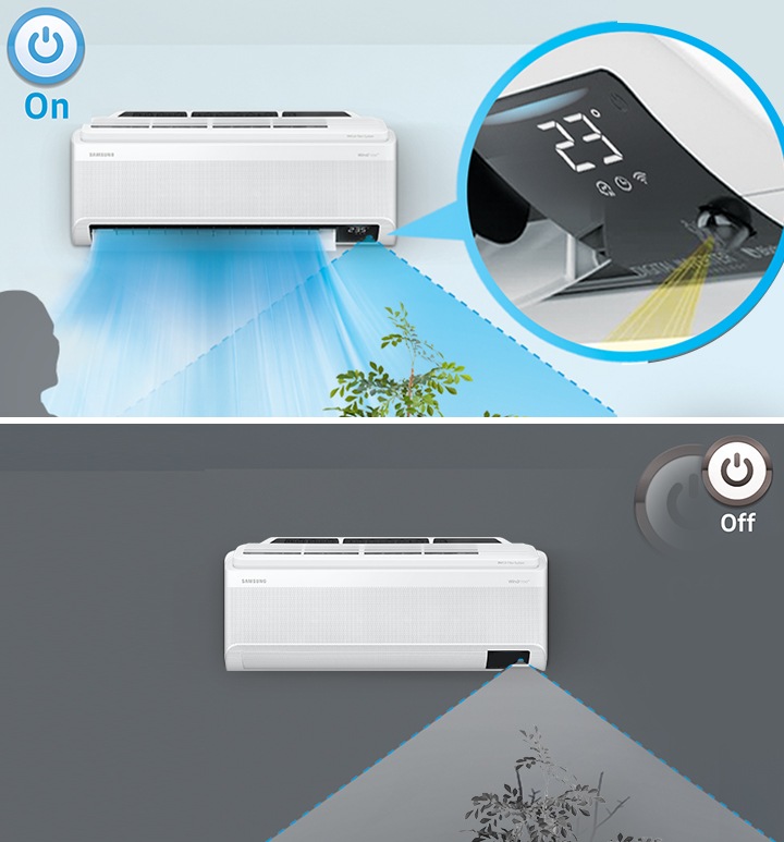 사람이 있으면 에어컨이 켜지고 사람이 없으면 에어컨이 꺼지는 모습이 보입니다.