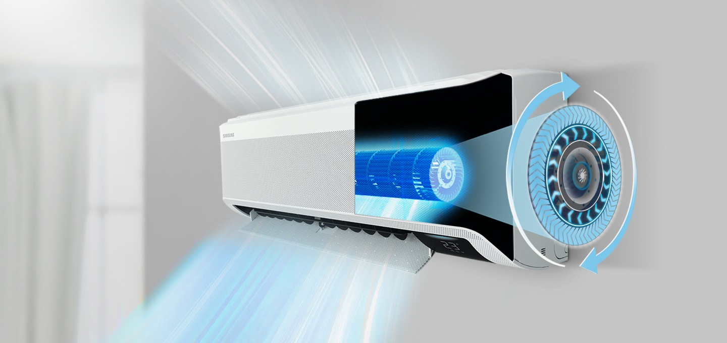 에어컨 내부의 팬 영역이 확대되어 보이며, 12 % 더 커진 팬으로 에어컨이 작동중인 모습이 보입니다.