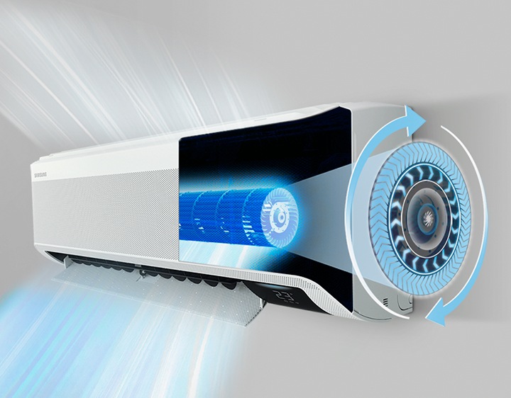 에어컨 내부의 팬 영역이 확대되어 보이며, 12 % 더 커진 팬으로 에어컨이 작동중인 모습이 보입니다.