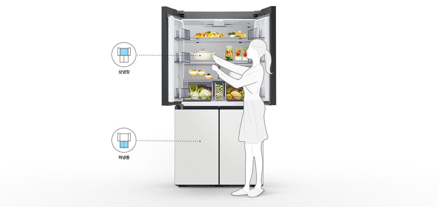상냉장 칸 문은 열려있고, 하냉동 칸은 닫혀 있습니다.
