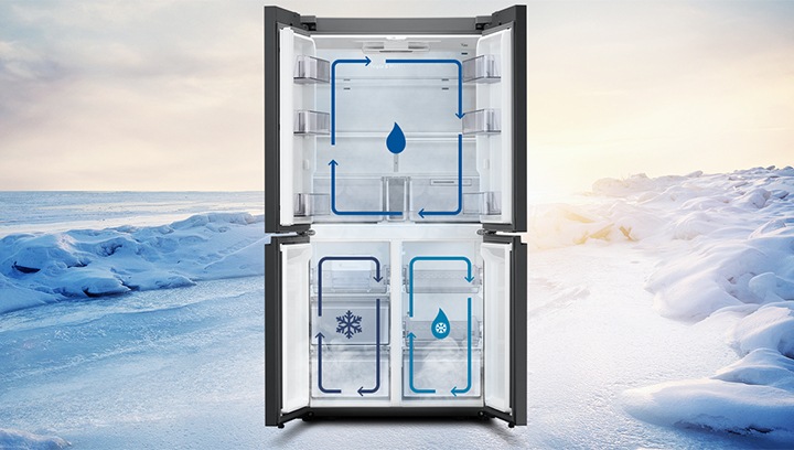 눈밭을 배경으로 상하칸 문이 열린 제품의 모습이 보여지고, 상칸과 하칸에 각각 트리플 독립냉각을 나타내는 인포그래픽이 보여집니다.