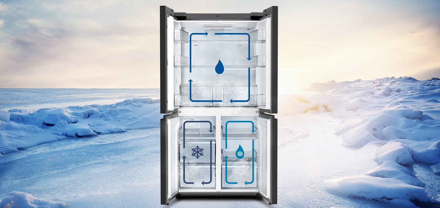 눈밭을 배경으로 상하칸 문이 열린 제품의 모습이 보여지고, 상칸과 하칸에 각각 트리플 독립냉각을 나타내는 인포그래픽이 보여집니다.