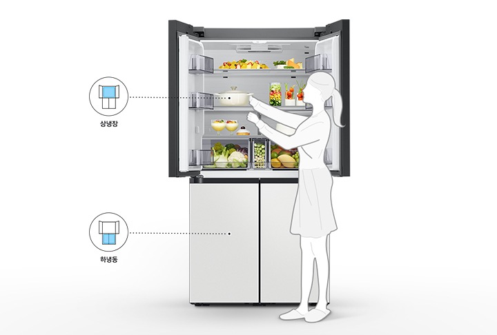 상냉장 칸 문은 열려있고, 하냉동 칸은 닫혀 있습니다.