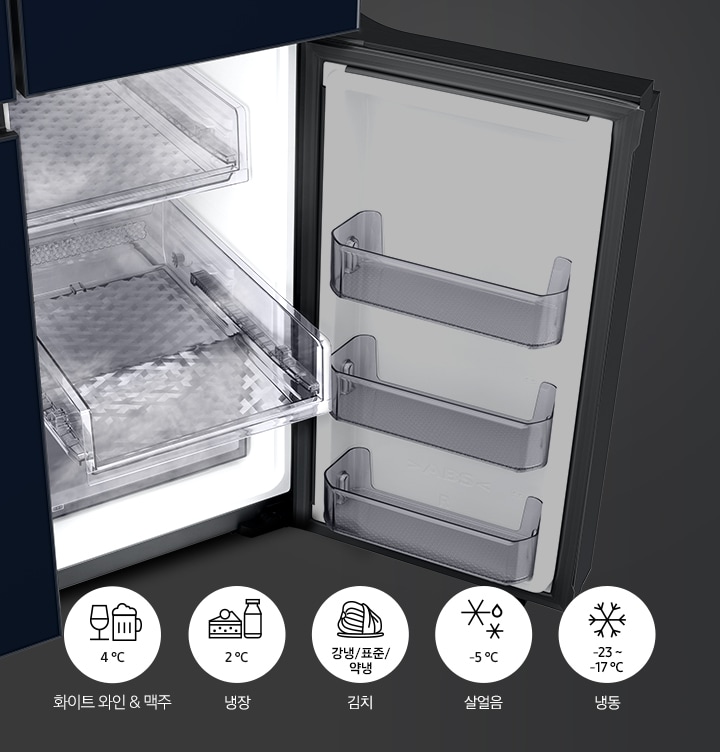 하칸 맞춤보관실이 열린 제품의 이미지가 보여지고 그 아래  냉장, 김치, 살얼음, 냉동을 나타내는 아이콘이 보여집니다.