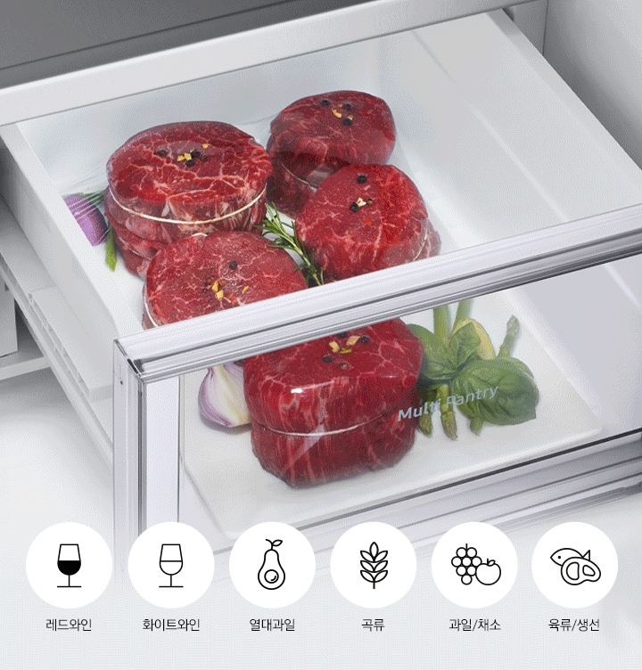 멀티 팬트리 확대 모습과 각 아이콘이 있습니다. 레드와인, 화이트 와인, 열대과일, 곡류, 과일/채소, 육류/생선