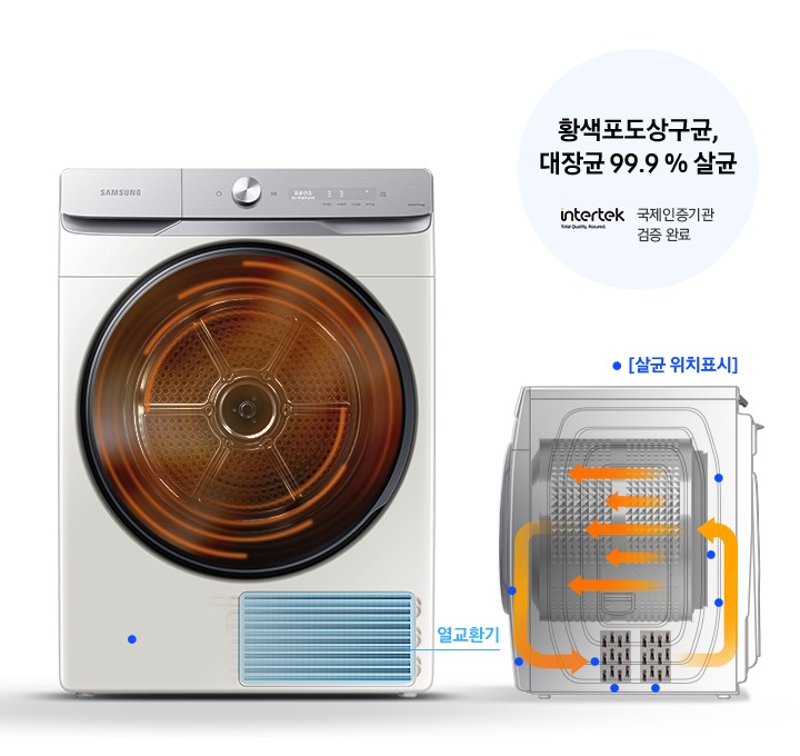 삼성 건조기 제품과 열교환기 내부의 모습을 보여주고 있습니다. 살균 위치를 점으로 표기하여 살균 부분을 디테일하게 보여주고 있습니다.