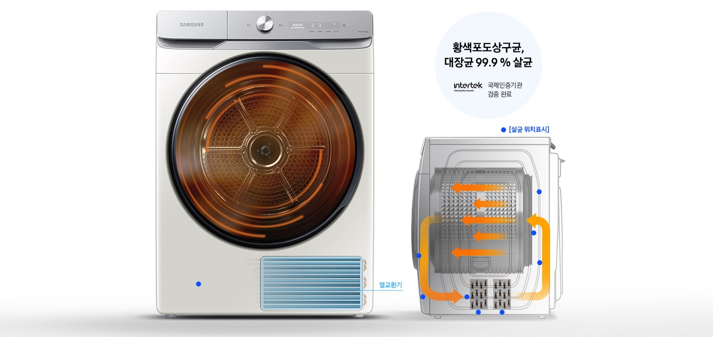삼성 건조기 제품과 열교환기 내부의 모습을 보여주고 있습니다. 살균 위치를 점으로 표기하여 살균 부분을 디테일하게 보여주고 있습니다.