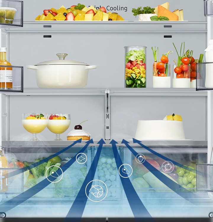 냉장고 안의 청정탈취+부분으로 냉장고 안의 잡내가 빨려 들어가는 모습이 보여지고 있습니다.