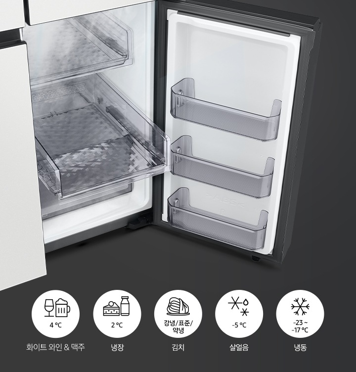 하칸 맞춤보관실이 열린 제품의 이미지가 보여지고 그 아래  냉장, 김치, 살얼음, 냉동을 나타내는 아이콘이 보여집니다.