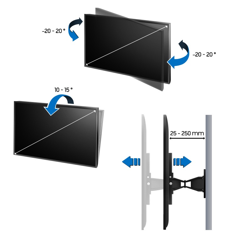 TV 가 상하좌우로 이동할 수 있는 이미지를 표현하고 10 ~ 15 도가 기재되어 있습니다. 우측하단에는 벽과 TV 사이에 25 ~ 250 mm 를 표현하여 이미지 및 텍스트가 있습니다.