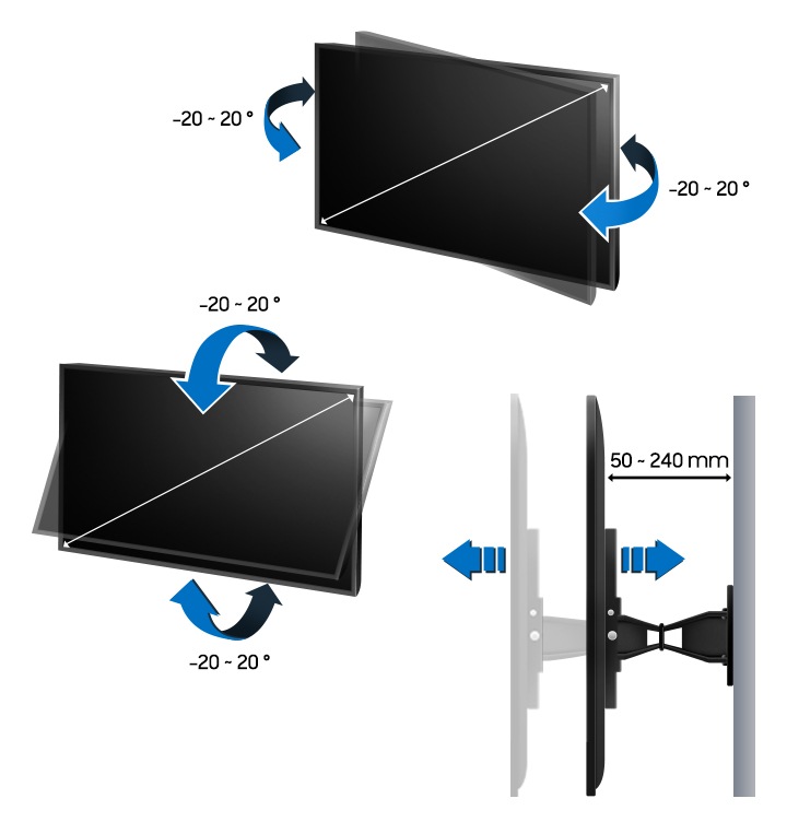 TV 의 상하좌우 각도를 나타내는 이미지입니다. -20~20도 텍스트가 함께 기재되어있습니다. 벽과 TV 사이의 거리 50 mm ~ 240 mm 도 표기되어있습니다.