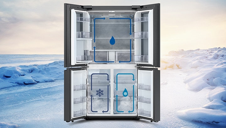 눈밭을 배경으로 상하칸 문이 열린 제품의 모습이 보여지고, 상칸과 하칸에 각각 트리플 독립냉각을 나타내는 인포그래픽이 보여집니다.