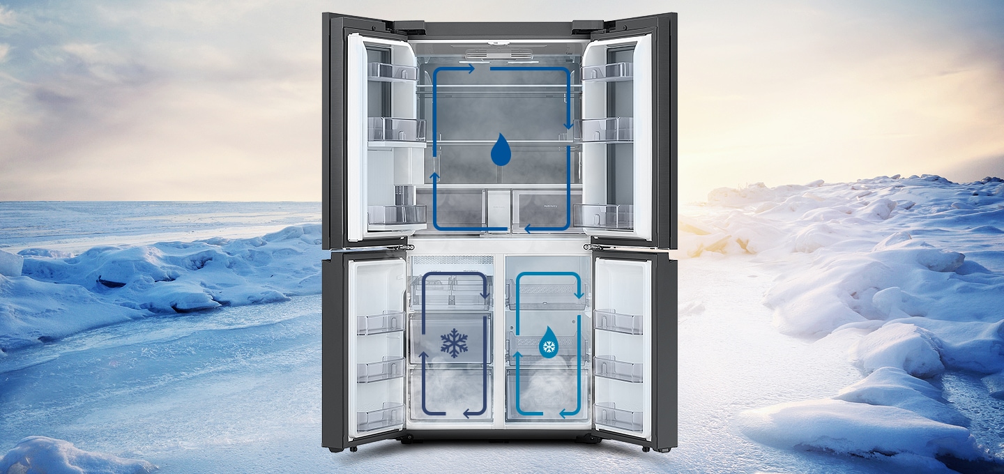 눈밭을 배경으로 상하칸 문이 열린 제품의 모습이 보여지고, 상칸과 하칸에 각각 트리플 독립냉각을 나타내는 인포그래픽이 보여집니다.