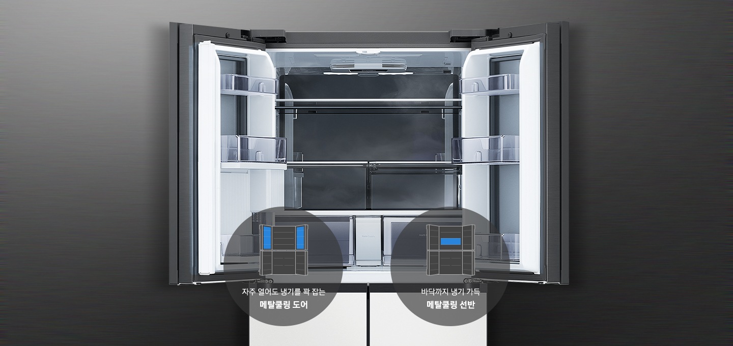 냉장고 내부가 보여지고 그 아래 메탈쿨링 커버, 도어, 선반의 아이콘과 텍스트가 보여집니다.