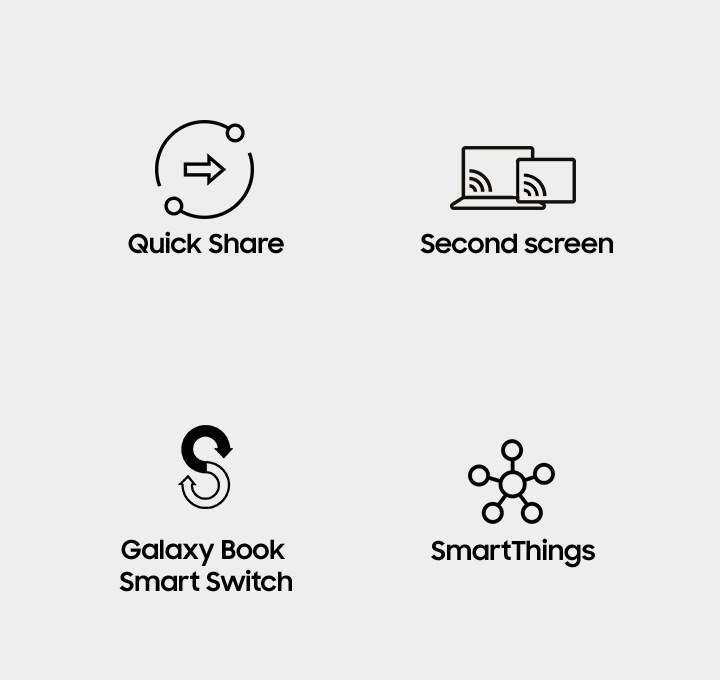 Quick Share, Second screen, Galaxy Book Smart Switch, SmartThings, Samsung Notes 를 연동하여 사용 할 수 있는 아이콘이 보입니다.