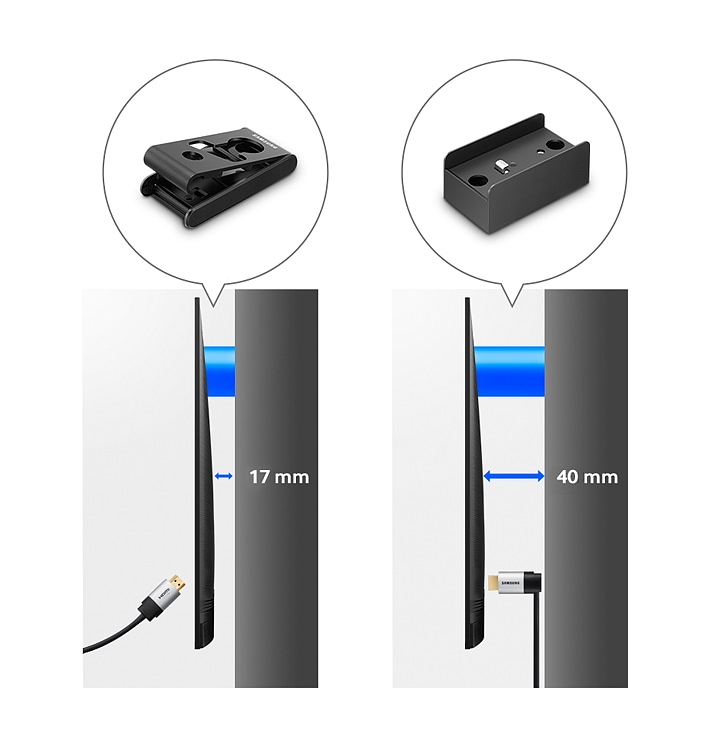 미니 슬림 벽걸이 설치이미지를 2개로 나누어 보여주는 이미지입니다. 좌측에는 17 mm, 우측에는 40 mm 간격으로 보여주고 있습니다.