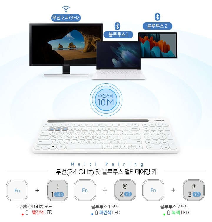 수신거리 10 M 표기와 무선 2.4 GHz 및 블루투스 멀티 페어링에 관련된 설명이 보입니다.