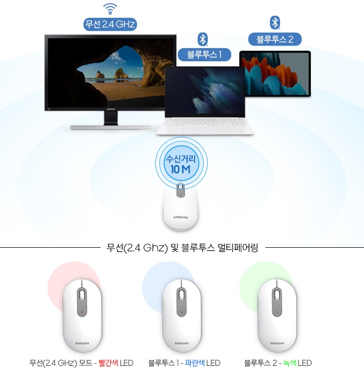 수신거리 10 M 표기와 무선 2.4 GHz 및 블루투스 멀티 페어링에 관련된 설명이 보입니다.