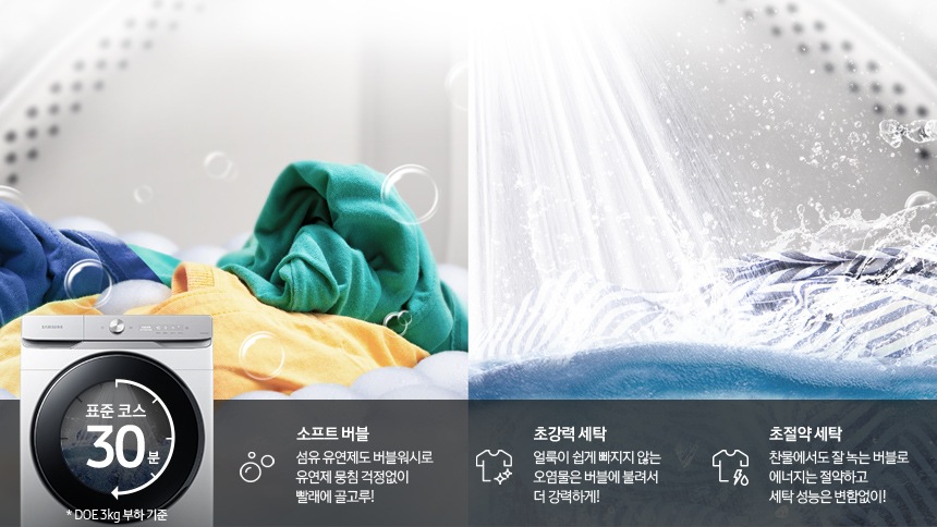 세탁기 안에서 세탁되고 있는 모습이 보여지고 아래 제품 이미지와 소프트 버블, 초강력 세탁, 초절약 세탁을 설명하는 문구와 아이콘이 보여집니다.