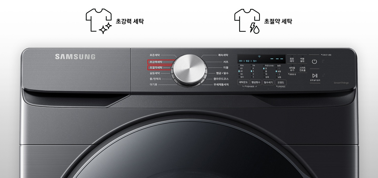 제품 조작부를 확대하여 보여주고 있습니다. 초강력세탁과 초절약 세탁의 코스 설명을 보여주고 있습니다.