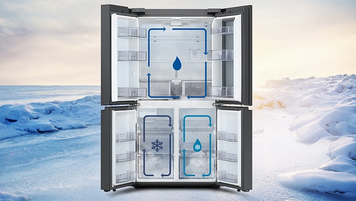 눈밭을 배경으로 상하칸 문이 열린 제품의 모습이 보여지고, 상칸과 하칸에 각각 트리플 독립냉각을 나타내는 인포그래픽이 보여집니다.