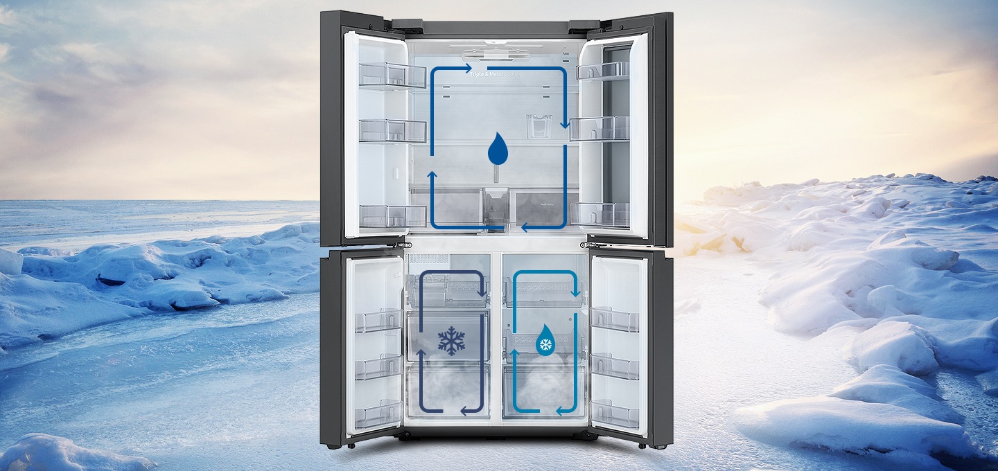 눈밭을 배경으로 상하칸 문이 열린 제품의 모습이 보여지고, 상칸과 하칸에 각각 트리플 독립냉각을 나타내는 인포그래픽이 보여집니다.