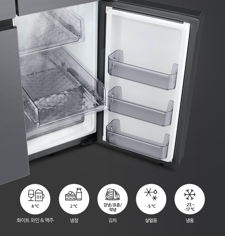 하칸 맞춤보관실이 열린 제품의 이미지가 보여지고 그 아래  냉장, 김치, 살얼음, 냉동을 나타내는 아이콘이 보여집니다.