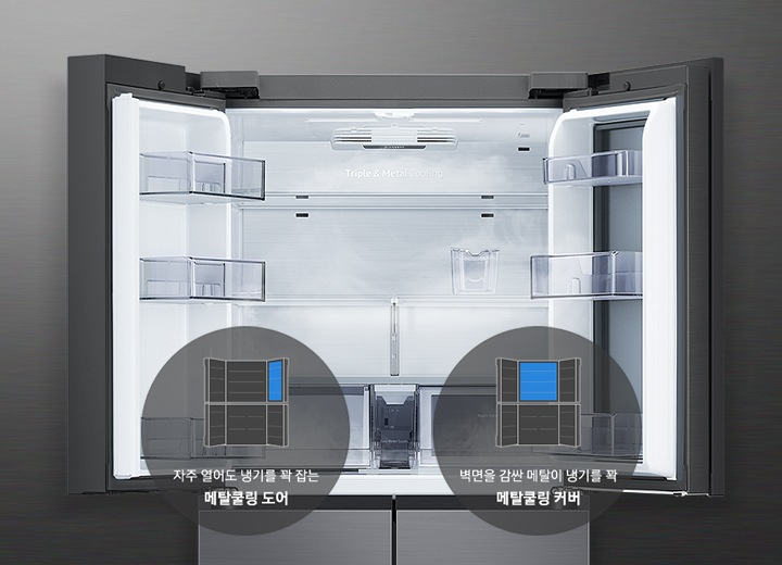 냉장고 내부가 보여지고 그 아래 메탈쿨링 커버, 도어의 아이콘과 텍스트가 보여집니다.