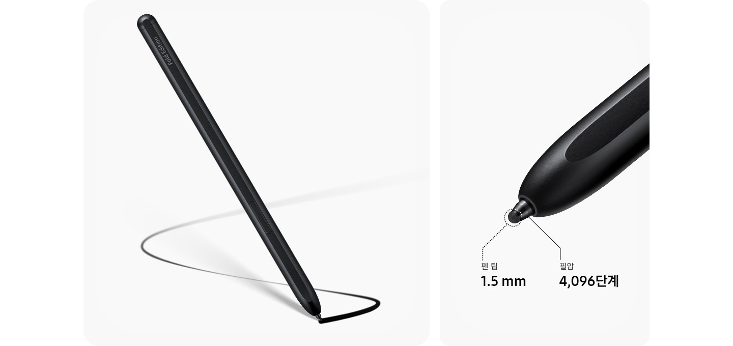 갤럭시 Z 폴드3 5G S펜 폴드 에디션 블랙 제품의 펜팁이 1.5mm이고, 필압이 4,096 단계임을 알려주는 이미지 입니다. 왼쪽에는 S펜으로 S를 그린 이미지 입니다.