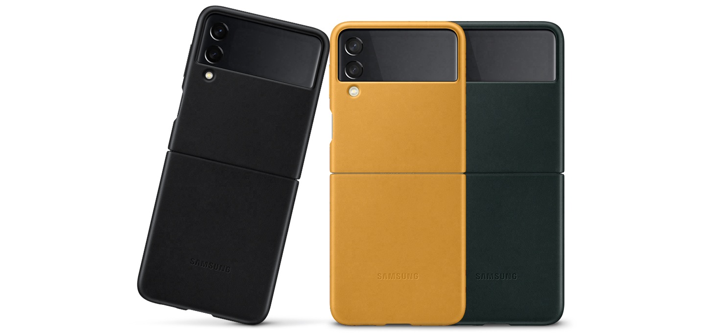 갤럭시 Z 플립3 5G 레더 커버 제품의 색상이 3가지로 차례대로 보여지고 있습니다.